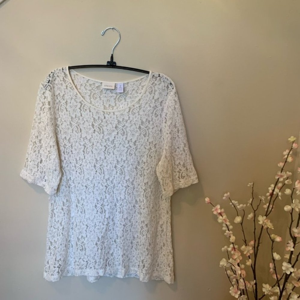 Chico’s Ivory Lace Elbow Sleeve Top Size 2 Large